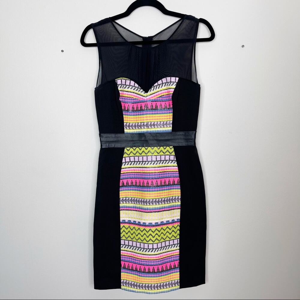 MILLY Size 4 Malhia Striped Aztec Sheath Dress Cocktail Black Neon Pink Yellow